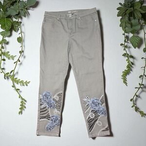 DG2 Diane Gilman Jeans Women 14 Gray Embroidered Stretch Straight Leg Floral